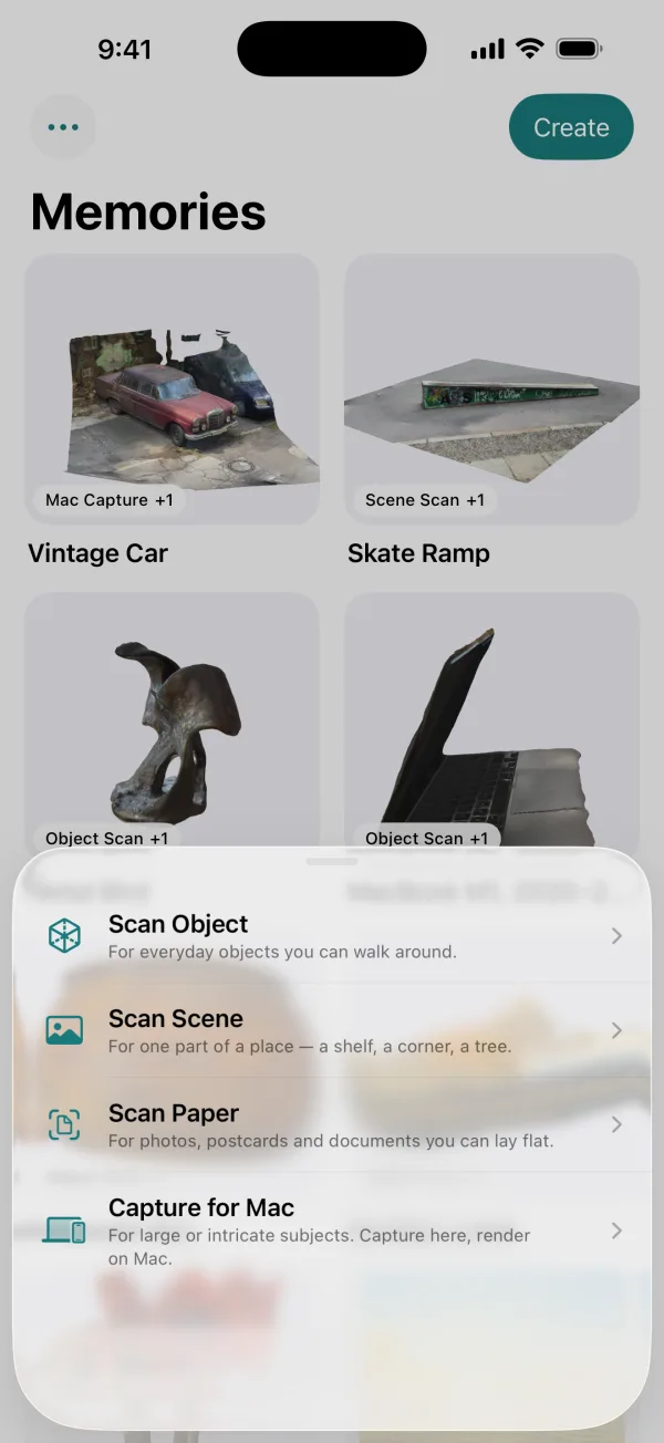The Create sheet: Scan Object, Scan Scene, Scan Paper and Capture for Mac