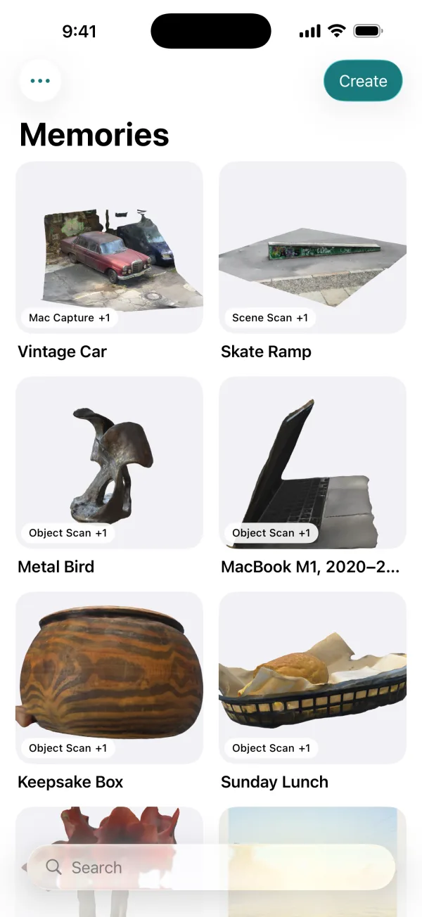 The MyMory library, titled Memories: 3D scans of a vintage car, a skate ramp, a metal bird, a MacBook, a wooden box and a lunch basket