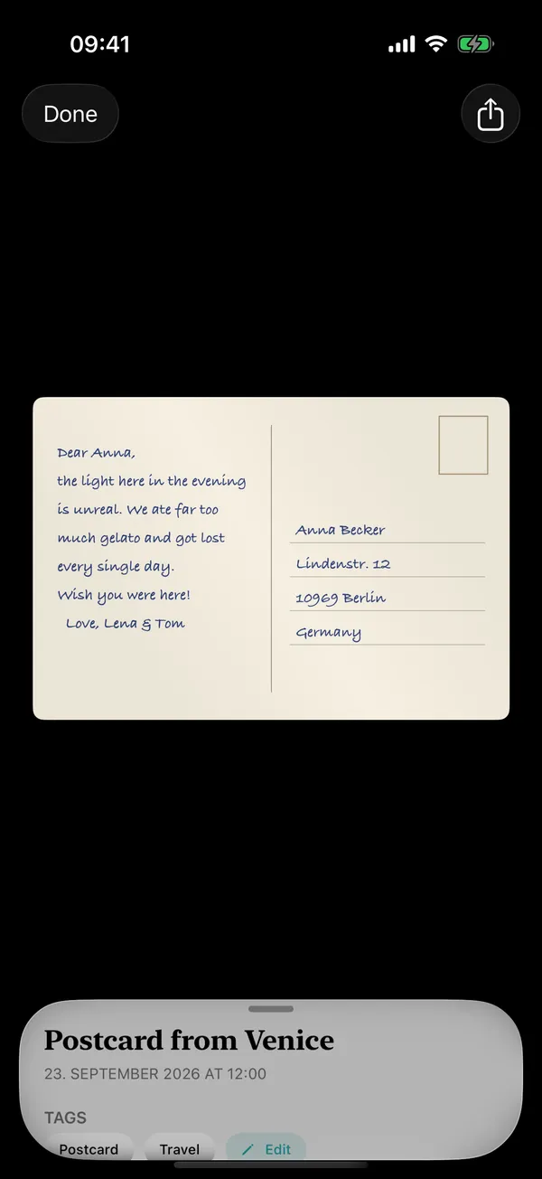 The handwritten back of the same postcard, kept with the front