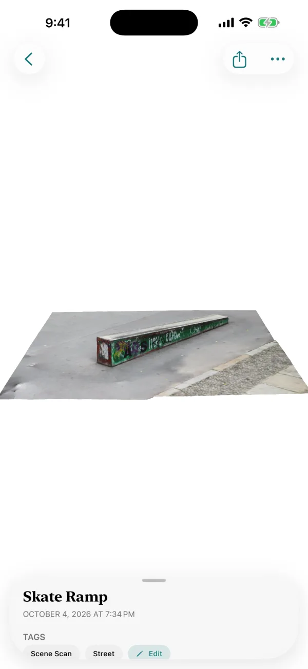 A 3D scene of a graffiti-covered skate ramp